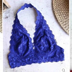 Free People Galloon Lace Halter Bralette Intimately Dark Blue Bra Small NWOT